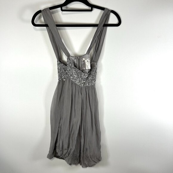 Alice‎ + Olivia Silk Dress Babydoll Sequin Bust  Gray Silver Fairy Glam Sz M - Picture 7 of 9